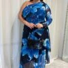 Blue Floral Midi Dress One Shoulder Mesh