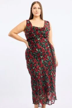 Red Floral Midi Dress Sleeveless Cowl Neck