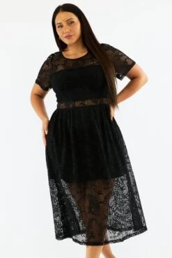 Black Midi Dress Short Sleeve Lace
