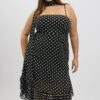 Black Polka Dot Midi Dress Sleeveless Ruffle With Scarf