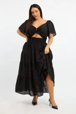 Black Maxi Dress Short Sleeve Ruched Cut Out