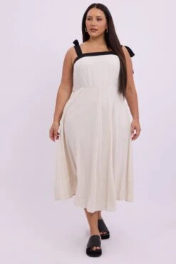Beige Midi Dress Sleeveless Contrast Shoulder Tie -You And All Fashion Store ced3561 84rb natural 3