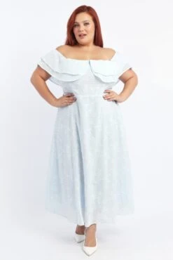 Blue Maxi Dress Off Shoulder Ruffle