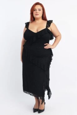 Black Midi Dress Sleeveless Lace Ruffle