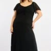 Black Midi Dress Short Sleeve Ruched Lace