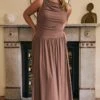 Brown Maxi Dress Sleeveless Ruched Jersey