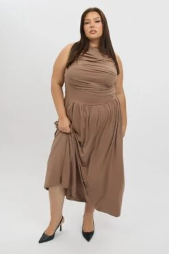 Brown Maxi Dress Sleeveless Ruched Jersey -You And All Fashion Store ced3631 84r mocha 2