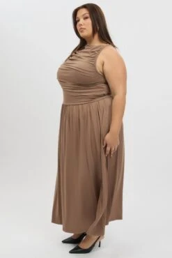 Brown Maxi Dress Sleeveless Ruched Jersey -You And All Fashion Store ced3631 84r mocha 4