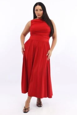 Red Maxi Dress Sleeveless Ruched Jersey