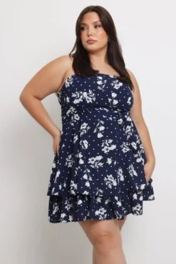 Blue Ditsy Shoestring Strap Flippy Mini Dress