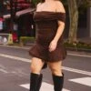 Brown Off Shoulder Ruffle Hem Mini Dress
