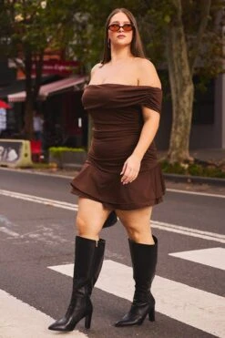 Brown Off Shoulder Ruffle Hem Mini Dress