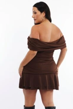 Brown Off Shoulder Ruffle Hem Mini Dress 10 Brown Off Shoulder Ruffle Hem Mini Dress -You And All Fashion Store ced4585 47ab chocolate 5