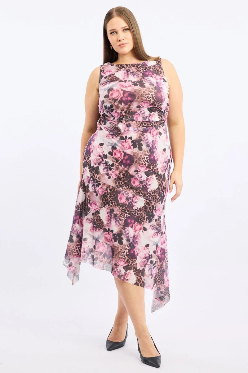 Brown Animal Print Midi Dress Sleeveless Mesh Hanky Hem 2 Brown Animal Print Midi Dress Sleeveless Mesh Hanky Hem - Image 2