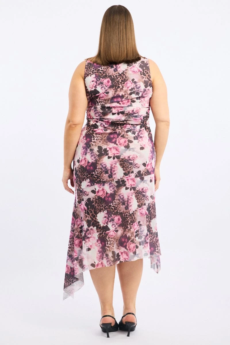 Brown Animal Print Midi Dress Sleeveless Mesh Hanky Hem 4 Brown Animal Print Midi Dress Sleeveless Mesh Hanky Hem - Image 4