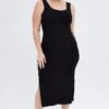 Black Bodycon Dress Rib Jersey Sleeveless Midi