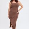 Brown Bodycon Dress Rib Jersey Sleeveless Midi