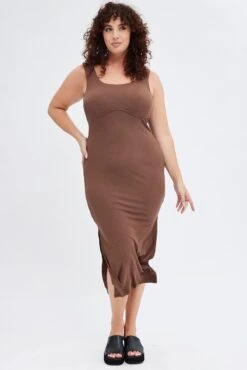 Brown Bodycon Dress Rib Jersey Sleeveless Midi -You And All Fashion Store ced8504 36ab mocha 3