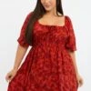 Red Floral Scoop Neck Tie Front Gather Minidress
