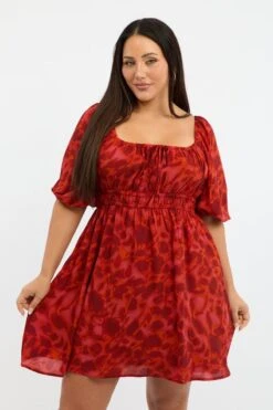 Red Floral Scoop Neck Tie Front Gather Minidress