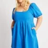 Blue Cotton Poplin Pleated Square Neck Minidress