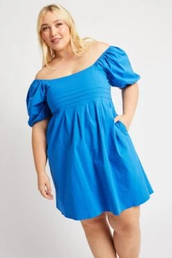 Blue Cotton Poplin Pleated Square Neck Minidress -You And All Fashion Store ced90061a 35ab cobalt 3