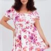 Pink Floral Fit And Flare Dress Short Sleeve Shirred Waist