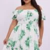 Green Floral Shirred Waist Minidress