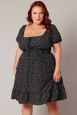 Black Ditsy Shirred Waist Tie Front Puff Sleeve Minidress -You And All Fashion Store ced9007cc 34a ditsy 3