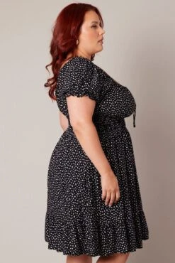 Black Ditsy Shirred Waist Tie Front Puff Sleeve Minidress -You And All Fashion Store ced9007cc 34a ditsy 4