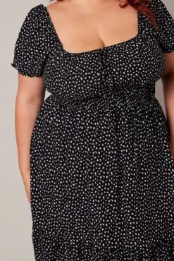 Black Ditsy Shirred Waist Tie Front Puff Sleeve Minidress -You And All Fashion Store ced9007cc 34a ditsy 6