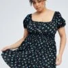 Black Ditsy Mini Dress Puff Sleeve Gather Detail