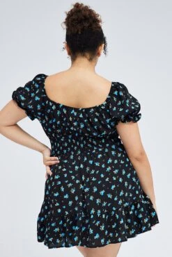 Black Ditsy Mini Dress Puff Sleeve Gather Detail -You And All Fashion Store ced9007e 33ab ditsy 5