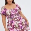 Pink Floral Fit And Flare Dress Short Sleeve Gathered Bust