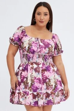 Pink Floral Fit And Flare Dress Short Sleeve Gathered Bust 8 Pink Floral Fit And Flare Dress Short Sleeve Gathered Bust -You And All Fashion Store ced9007g 33rb floral 3