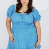Blue Ditsy Mini Dress Puff Sleeve Gather Detail