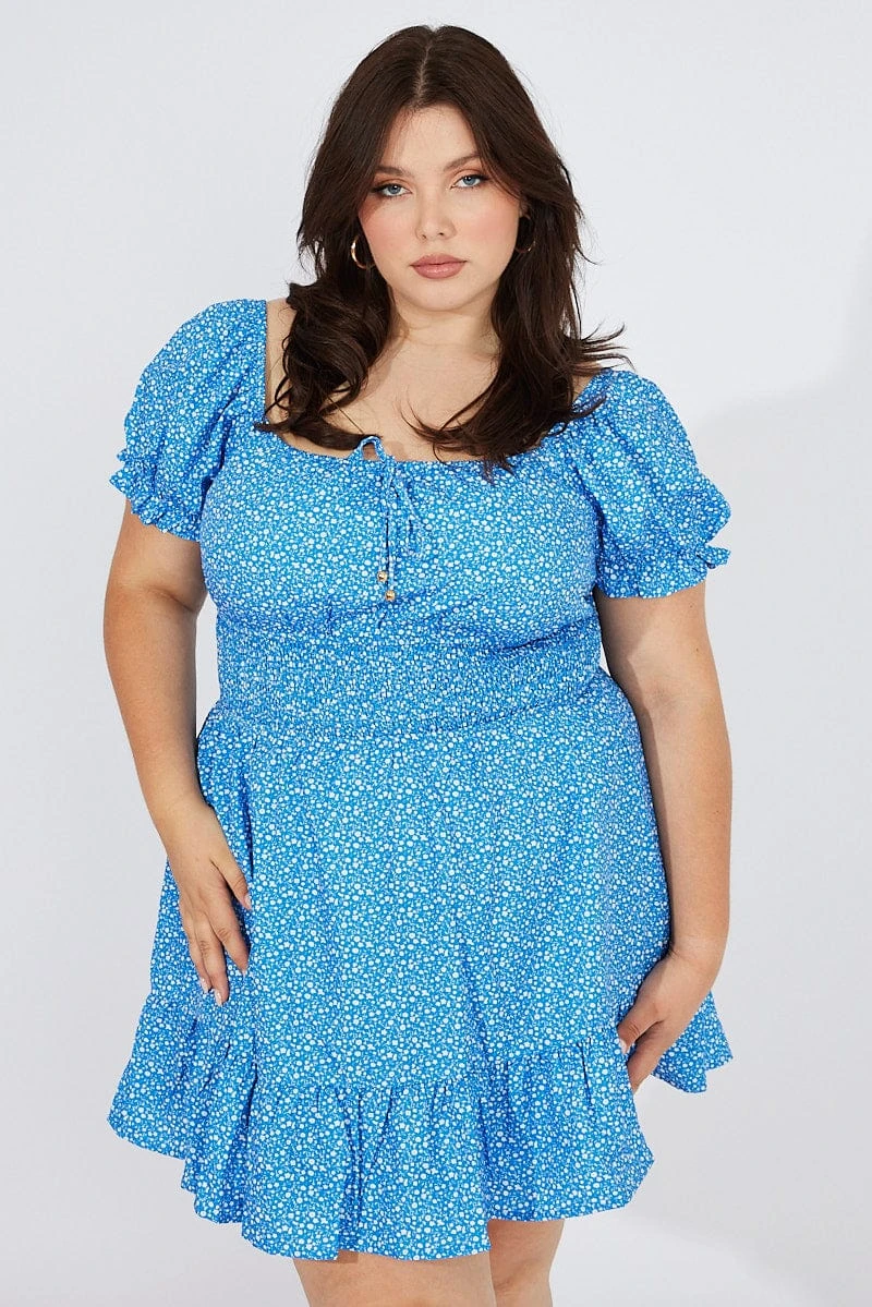 Blue Ditsy Mini Dress Puff Sleeve Gather Detail 1 Blue Ditsy Mini Dress Puff Sleeve Gather Detail