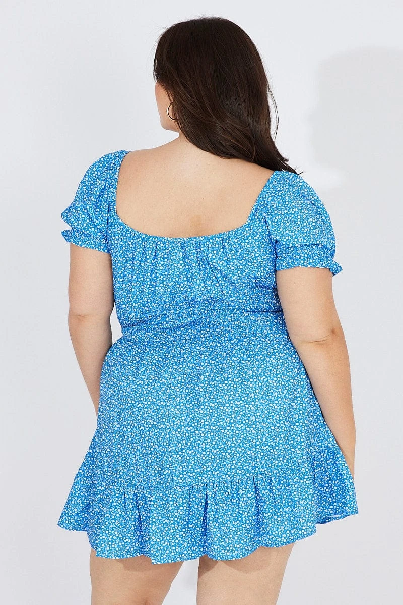 Blue Ditsy Mini Dress Puff Sleeve Gather Detail 5 Blue Ditsy Mini Dress Puff Sleeve Gather Detail - Image 5