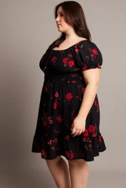 Black Floral Shirred Waist Frill Hem Minidress -You And All Fashion Store ced9007k 34ab floral 4