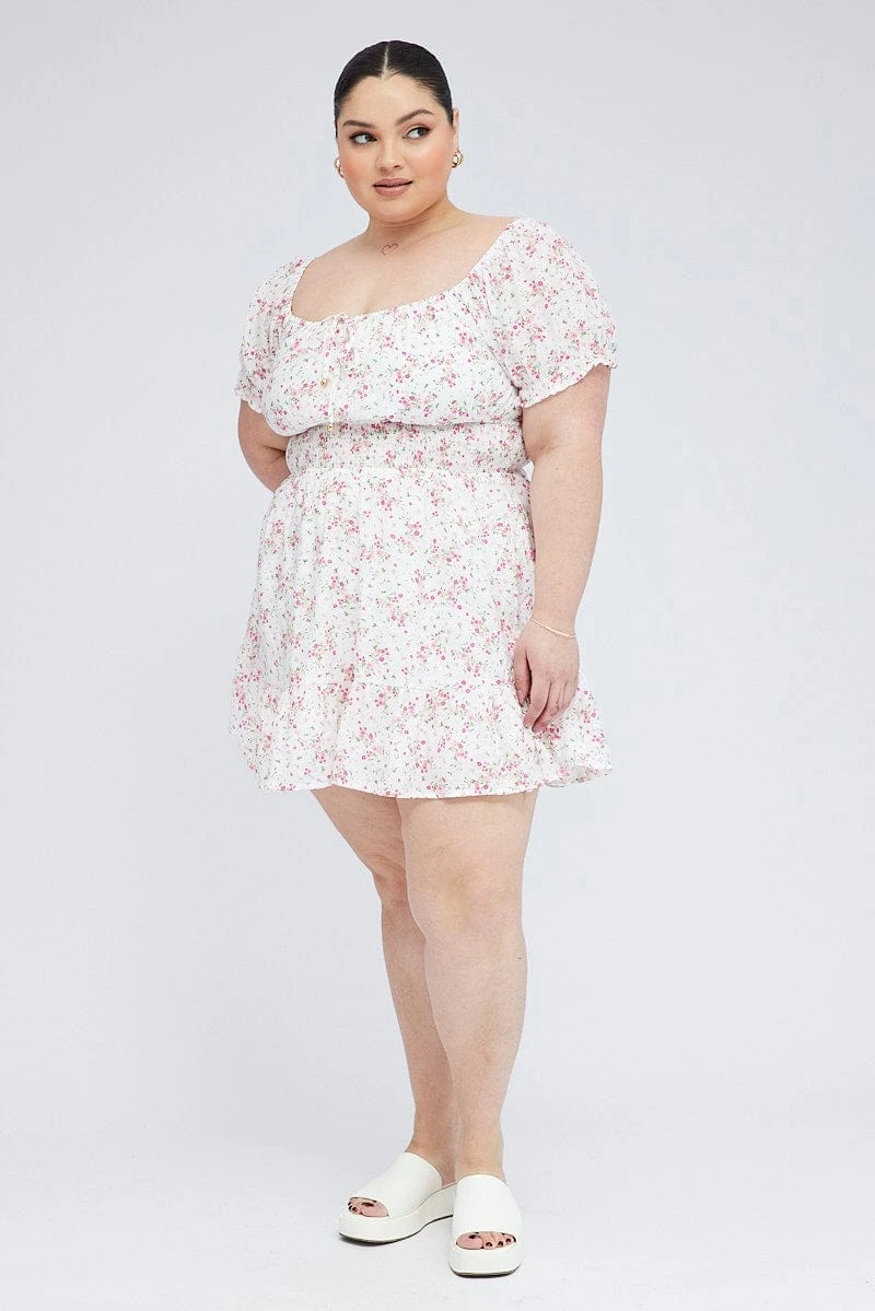 White Floral Fit And Flare Dress Short Sleeve 2 White Floral Fit And Flare Dress Short Sleeve - Image 2
