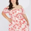 Red Floral Fit And Flare Dress Short Sleeve Ruched Bust