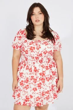 Red Floral Fit And Flare Dress Short Sleeve Ruched Bust -You And All Fashion Store ced9007u 33rb floral 3