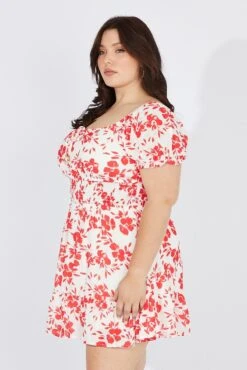Red Floral Fit And Flare Dress Short Sleeve Ruched Bust -You And All Fashion Store ced9007u 33rb floral 4