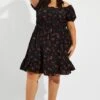 Black Floral Fit And Flare Dress Short Sleeve Ruched Bust