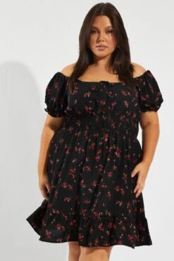 Black Floral Fit And Flare Dress Short Sleeve Ruched Bust -You And All Fashion Store ced9007v 34r floral 3