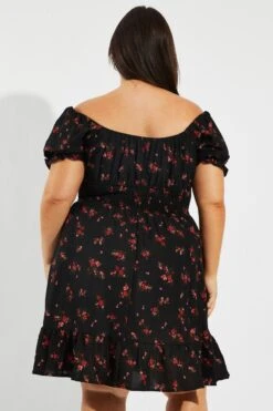 Black Floral Fit And Flare Dress Short Sleeve Ruched Bust -You And All Fashion Store ced9007v 34r floral 5