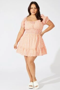 Orange Check Fit And Flare Dress Short Sleeve Shirred Waist -You And All Fashion Store ced9007y 33rb check 3