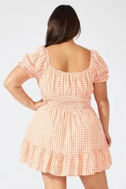 Orange Check Fit And Flare Dress Short Sleeve Shirred Waist -You And All Fashion Store ced9007y 33rb check 5