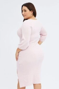 Pink Midi Dress Long Balloon Sleeve Sexy Split Knit -You And All Fashion Store ced9029 40ab pink 5