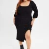 Black Midi Dress Long Balloon Sleeve Sexy Split Knit